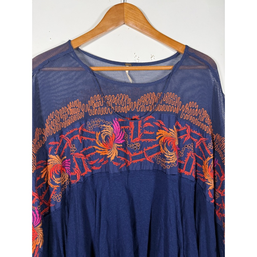 Free People Navy Blue Embroidered Mesh Poncho Top Boho Floral Oversized S